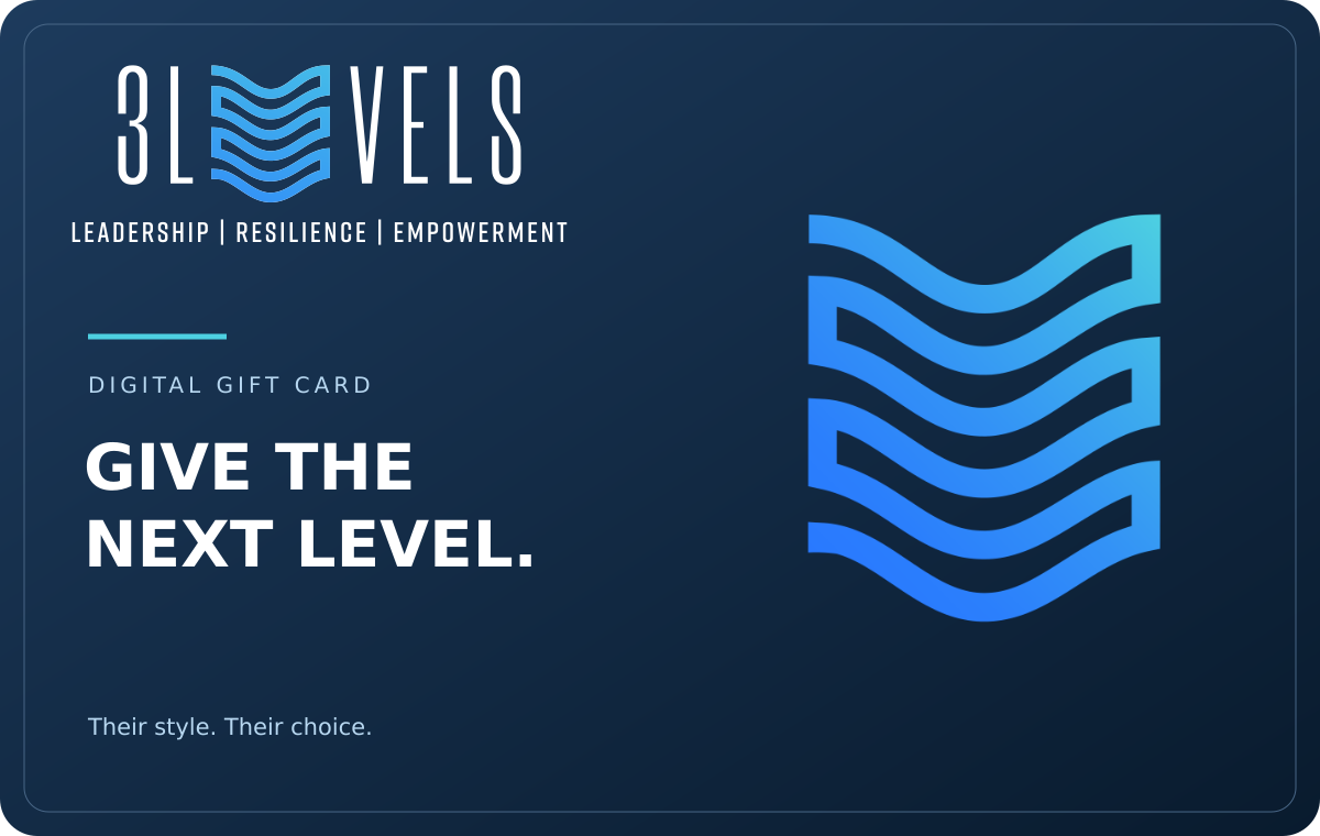 3LEVELS digital gift card in navy with the blue and turquoise wave logo and Give the Next Level message